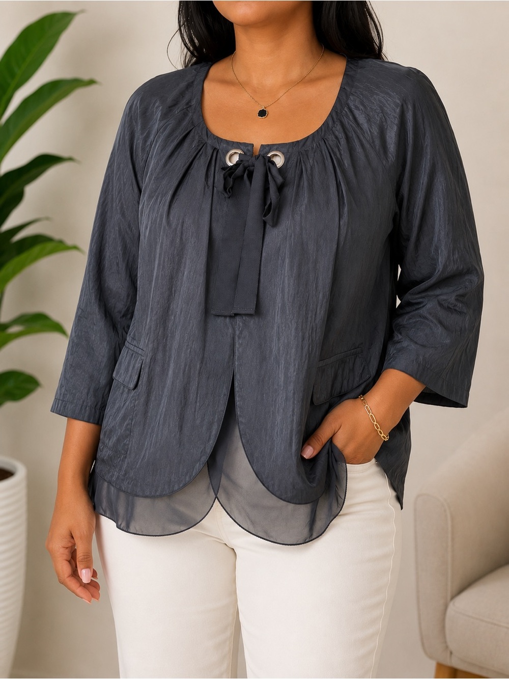 Simply Vera Vera Wang Black Open Front Tie Jacket XL Lightweight Sheer Hem